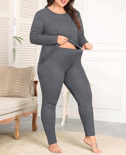 SWOMOG Plus Size Thermal Underwear Sets for Women Long Johns Base Layer Set 2 Pcs Underwear Top & Bottom Pajama Set
