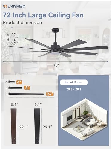 ZMISHIBO 72 inch Large Ceiling Fans with Lights and Remote, Indoor/Outdoor Black Modern Ceiling Fan for Kitchen Living Roo...