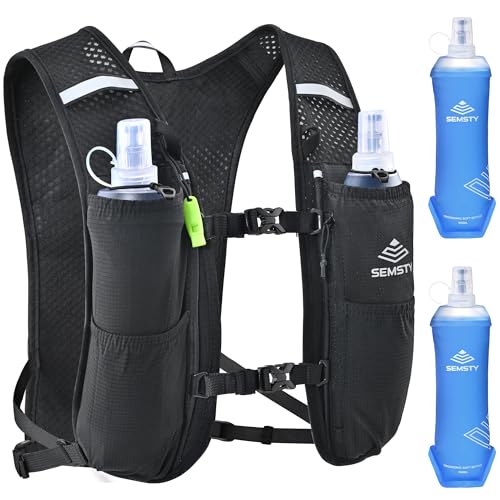 SEMSTY Running Vest for Women Men, 5L Hydration Vest with Dual 500ml Soft Flask, Lightweight Water Backpack, Adjustable Ch...