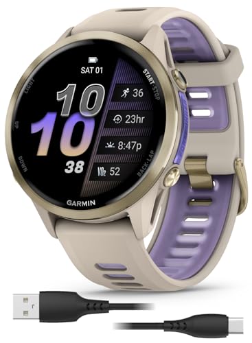 Wearable4U Garmin Forerunner 970 Soft Gold Titanium Smartwatch with French Gray Case and French Gray/Translucent Indigo Ba...