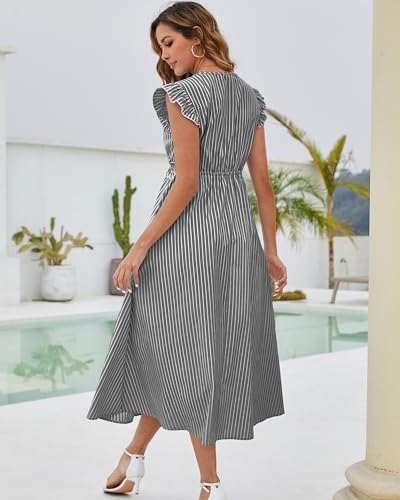 Bsubseach 2026 Cap Sleeve Cover Up Women Striped V Neck Beach Maxi Dress Drawstring Bathing Suit Coverups Swimwear