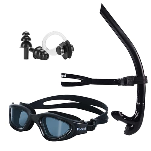 Swim Snorkel for Lap Swimming Set,Includes Snorkel, Goggles, Nose Clips and earplugs, Front Swimming Snorkeling Training f...