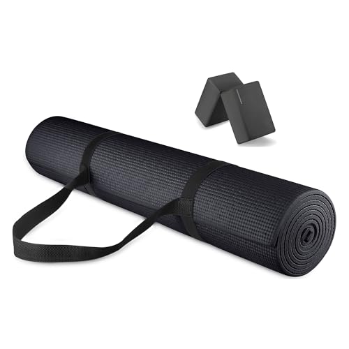Signature Fitness All Purpose 0.25 Inch Thick High Density No Tear Exercise Yoga Mat with Strap & Lightweight Features for...