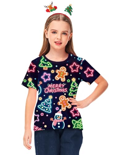 Remimi Kids Christmas Shirts Cute Print Short Sleeve Holiday Funny Xams Tops 5-14 Years