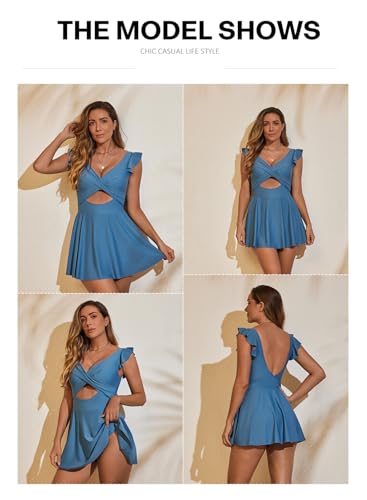 Aleumdr Women's One Piece Swimsuit Ruffle Cutout Swimdress Tummy Control V Neck Wrap Swimwear