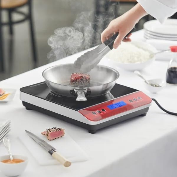 Commercial Induction Cooktop, 1800W Countertop Range, Black/Red, 120V Single Burner, Digital Control, 10 Power Levels, 11.3x14x2.8 Inch