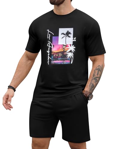 LecGee Men's Hawaiian Short Sleeve Tracksuit Summer T Shirt & Shorts set Aloha Tropical Two Piece Casual Daily Beach