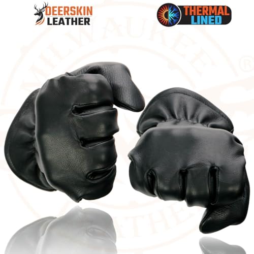 Milwaukee Leather SH858 Men's Thermal Lined USA Deerskin Black Leather Motorcycle Gloves w/Cinch Wrist Closure