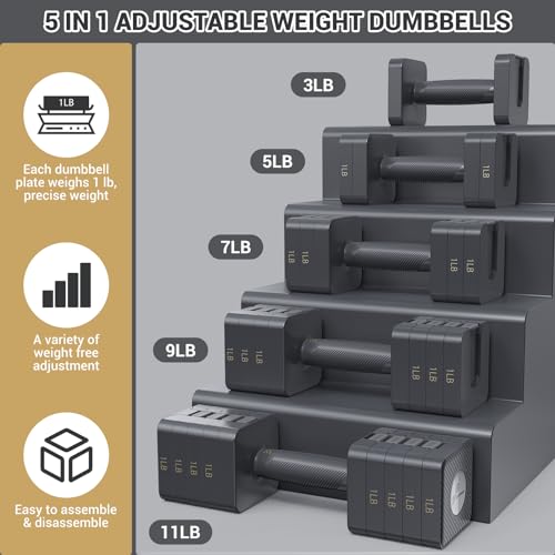 Adjustable Dumbbells Hand Weights Set: Sportneer 5 in 1 Weight Adjustment 10 LB Dumbbells Set of 2 Free Weights Fast Adjus...