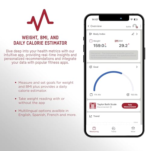 Taylor Smart Bathroom Scale with Precision Hub App, 400 lb Capacity, 8 User Profiles, Bluetooth Sync to 3rd Party Apps, Bo...