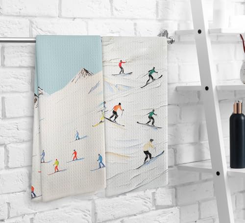 NOQL Winter Skiing Skier Kitchen Towels and Dishcloths Set of 2, Ski Skiing Gifts for Skiers, Ski Christmas Ornaments Deco...
