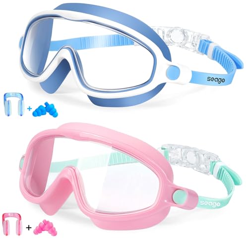 Seago Kids Goggles for Swimming 2 Pack Anti-Fog No Leaking Outer Eye Fit with Wide View UV Protection Crystal Clear Watert...