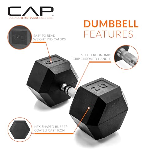 CAP Barbell 70 LB Rubber Coated Hex Dumbbell Hand Weight - Pair | Chrome Handle