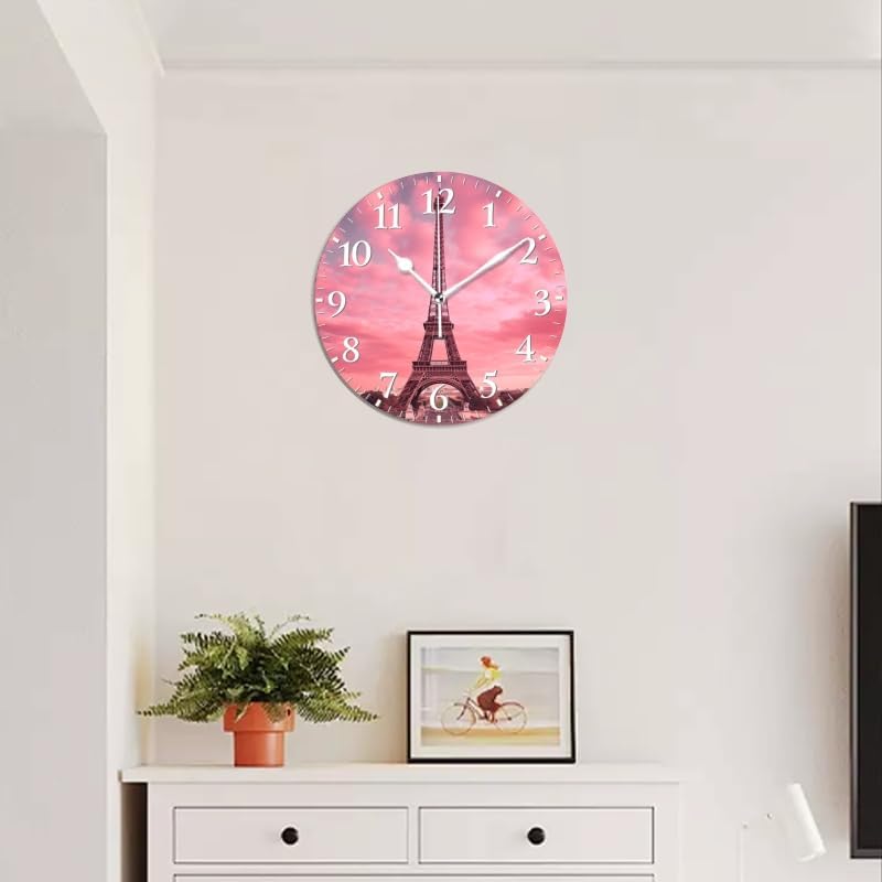 Paris Wall Clock Non-Ticking Silent Clocks Battery Operated Analog Decor Clock for Home-Eiffel Tower with Pink Sky and Pink Clouds(10inch)