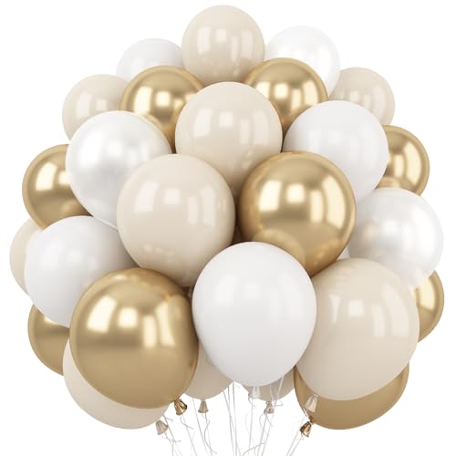 Togvu White and Gold Balloons, 12 Inch White Sand Gold Metallic Latex Balloons, Beige Gold Party Balloons for Boho Birthda...