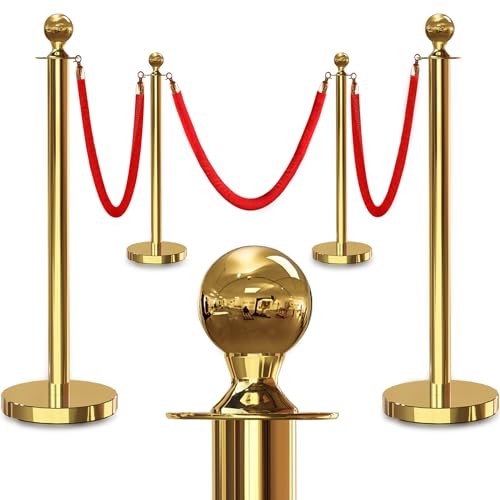 4PCS Gold Stanchions Posts with 3PCS 5 ft Red Velvet Rope, Red Velvet Rope Stanchion Set Crowd Control Barriers, Stanchion...