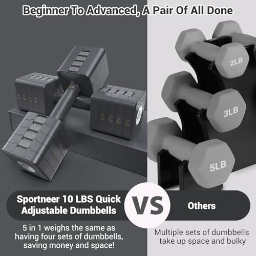 Adjustable Dumbbells Hand Weights Set: Sportneer 5 in 1 Weight Adjustment 10 LB Dumbbells Set of 2 Free Weights Fast Adjus...