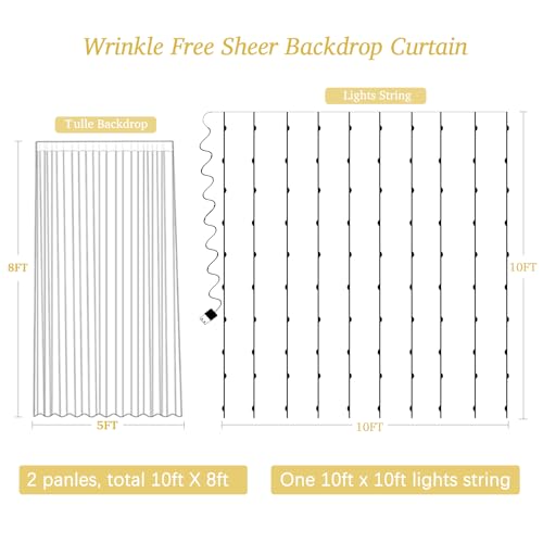 White Sheer Tulle Backdrop Curtain with Lights String- Wedding Backdrop Decorations for Reception Ceremony Home Party Phot...