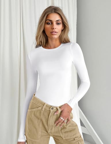 Ekouaer Women's Long Sleeve Shirts Tight Fitted Tops Crewneck Underscrubs Tee Lightweight Basic Thermal Undershirts