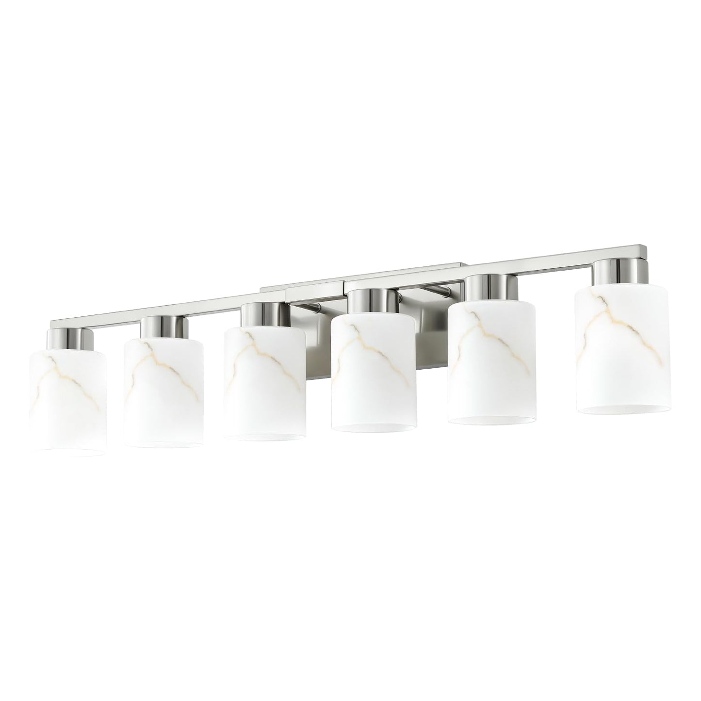 Mieloxiy 6-Light Bathroom Light Fixtures, Modern Vanity Lights, Brushed Nickel Metal Wall Lamp with White Marble Glass for Bathroom, Mirror, Living Room, Bedroom, Cabinet, Porch, Hallway, E26 Base