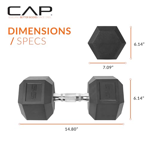CAP Barbell 55 LB Rubber Coated Hex Dumbbell Hand Weight - Pair | Chrome Handle