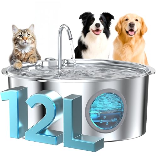 Dog Water Fountain for Large Dogs: Stainless Steel Dog Fountain Water Bowl - 3.2Gal/406oz/12L Super Quiet Big Cat Water Fo...