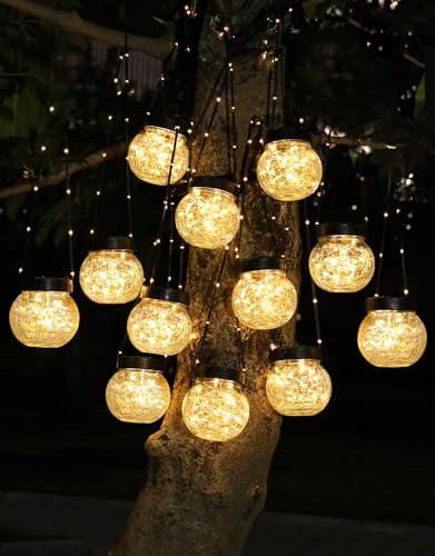PARTPHONER Solar Lights Outdoor Waterproof 12-Pack, Solar Powered Hanging Lantern Cracked Glass Hanging Globes for Yard De...