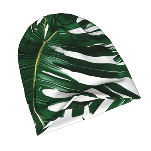 Green Palm Leafs Print Beanie Hat for Men and Women Stretchy Slouchy Winter Warm Cap Headwear Accessory