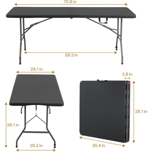 6ft Folding Table - Heavy Duty Portable 6 Foot Plastic Table with Fold-in-Half Design & Carry Handle, Indoor Outdoor Utili...