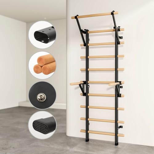 DHT Wood Stall Bar, Swedish Ladder Suspension Trainer with 9 Strategic Rods, for Home, Gym, School and Clinics, Black