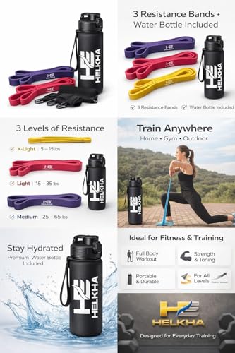 HELKHA Latex Resistance Bands Set with Water Bottle – 3 Levels (X-Light, Light, Medium) – Full Body Workout for Home & Gym