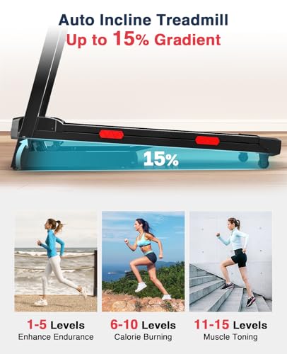 Redliro Treadmill with 15% Auto Incline - 350 lbs Capacity Foldable Running 3.0HP Treadmill for Home - Adjustable Handrail...