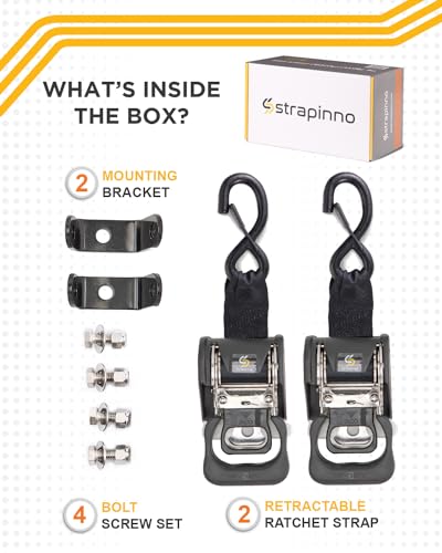 Strapinno 2PCS Stainless Steel Retractable Ratchet Straps (1 7/8 in x 4 ft) Transom Tie Downs for Boat Trailer - Extra Mou...
