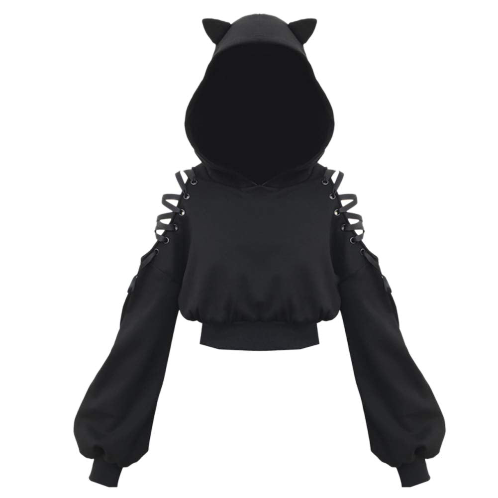 YANOOLH Women Cat Ear Hoodies Long Sleeve Off Shoulder Cute Crop Top Pullover Hoodie Sweatshirt Black M