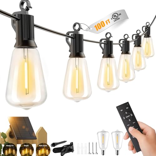 Brightown 100FT Solar String Lights Outdoor Waterproof with Remote, 31+2 LED Shatterproof Bulbs, Dimmable & Timable, 3 Lig...