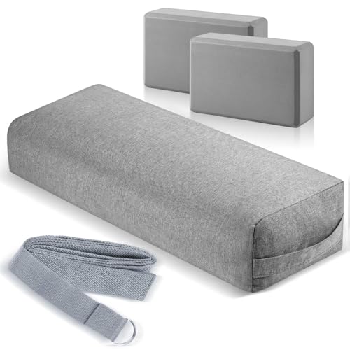 PullCrease 4 Pcs Yoga Bolster Pillows Blocks with Strap Set Comfortable Meditation Pillow for Restorative Non Slip Reusabl...