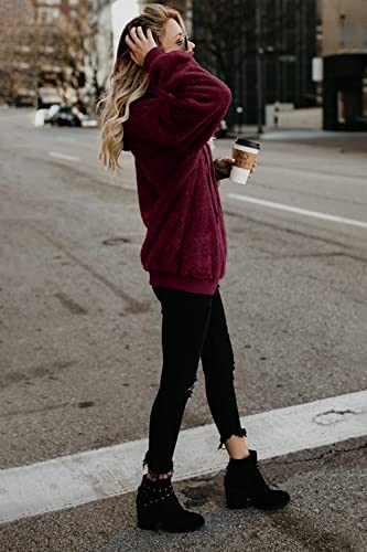 ReachMe Womens Oversized Sherpa Pullover Hoodie with Pockets Fuzzy Fleece Sweatshirt Plaid Fluffy Jacket Coat