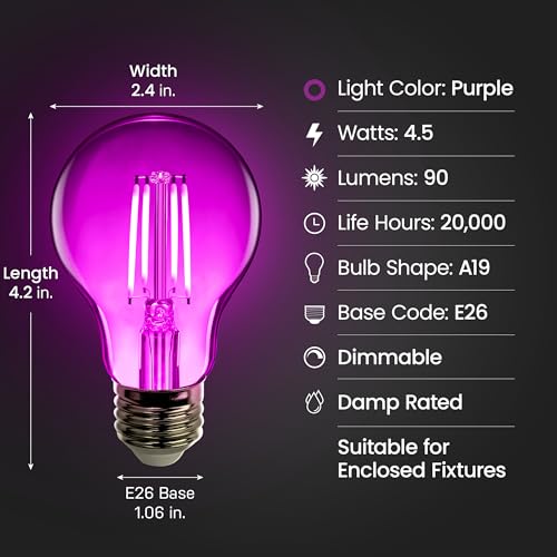 Feit Electric A19 Purple Filament Led Bulb, 25W, Glass, 2.38 D X 4.44 H, Model A19/Tp/Led,