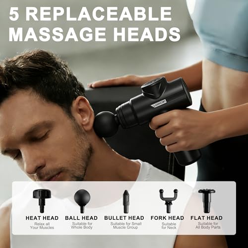 LEERCON Massage Gun with Heat, Deep Tissue Massager Gun Back Massager for Pain Relief with 5 Interchangeable Heads & 6 Spe...