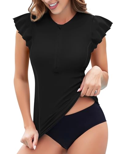 WOWENY Womens Padded Rash Guard Short Sleeve Swim Shirts 1/4 Zip UPF 50 Sun Protection Swimsuit Tankini Bathing Suit Top