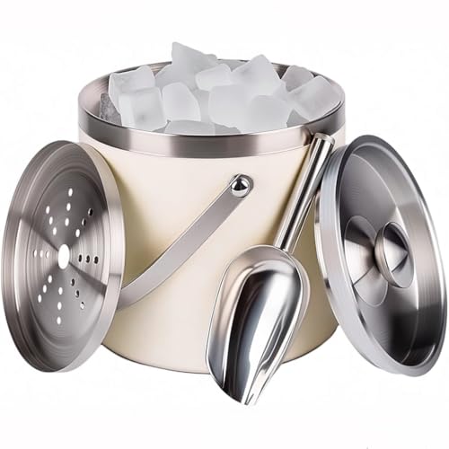 3L Beige-White Double Wall Insulated Stainless Steel Ice Bucket with Scoop for Cocktail Bar,Metal Ice Bucket for Freezer w...