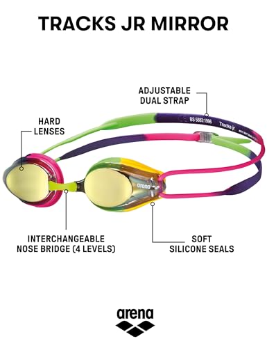 ARENA Tracks Unisex Junior Youth Essential Racing Swim Goggles Kids Swimmers Young Racers Anti-Fog Coated Mirror Lens, Vio...