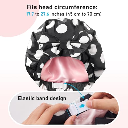LitBear Luxury Silk Lined Shower Caps for Women Reusable Waterproof, Double Layered Large Bathing Hair Cap with Adjustable...
