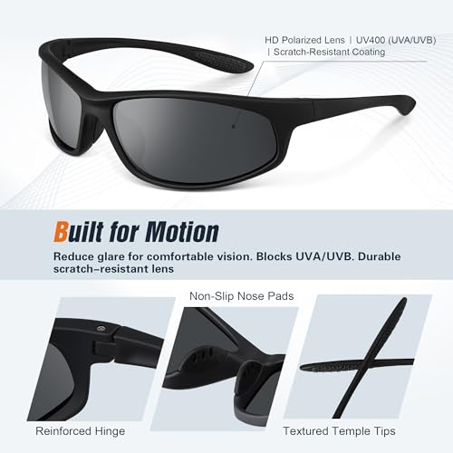 VMAEB Sports Polarized Sunglasses for Mens Womens - Wrap Around TR90 Sun Glasses UV400 Shades for Cycling Fishing Running