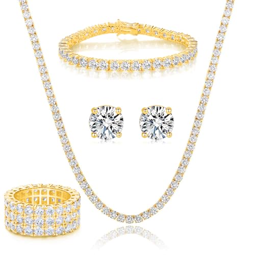 Gemsme 18K Yellow Gold Plated Tennis Necklace/Bracelet/Earrings/3 Row Ring Sets Pack of 4