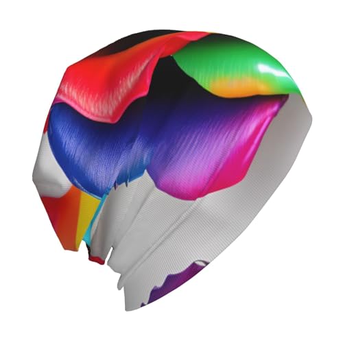 Rainbow Rose Flower Print Beanie Hat for Men and Women Stretchy Slouchy Winter Warm Cap Headwear Accessory