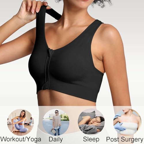 Lemef Front Zipper Sports Bras for Women Wirefree Post Surgery Bra Front Closure Racerback Compression Mastectomy Bras