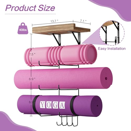 Bikoney Yoga Mat Holder Wall Mount Yoga Mat Storage Home Gym Accessories with Wood Floating Shelves and 4 Hooks for Hangin...
