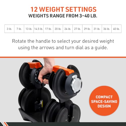 BodySport 40 Pound Adjustable Dumbbells – Includes 12 Free Weights, Ranging from 3 to 40 Pounds, Ideal for Home Gym Workou...