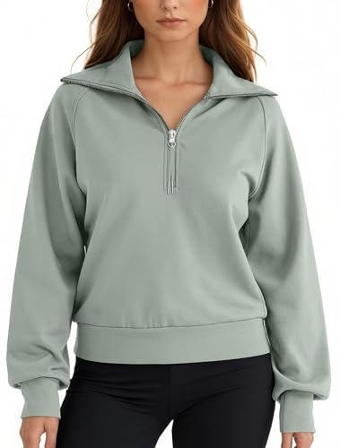 Women's Cropped Half Zip Pullover Quarter Zipper Long Sleeve Sweatshirt for Casual Wear